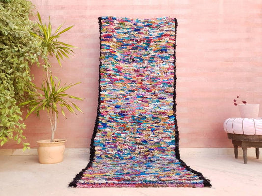 Vintage Moroccan Rug 3.5x8.9 Boucherouite rug  "Colors' Party" Unique Stunning Berber rug bedroom rug, Colorful living room rug boho rug
