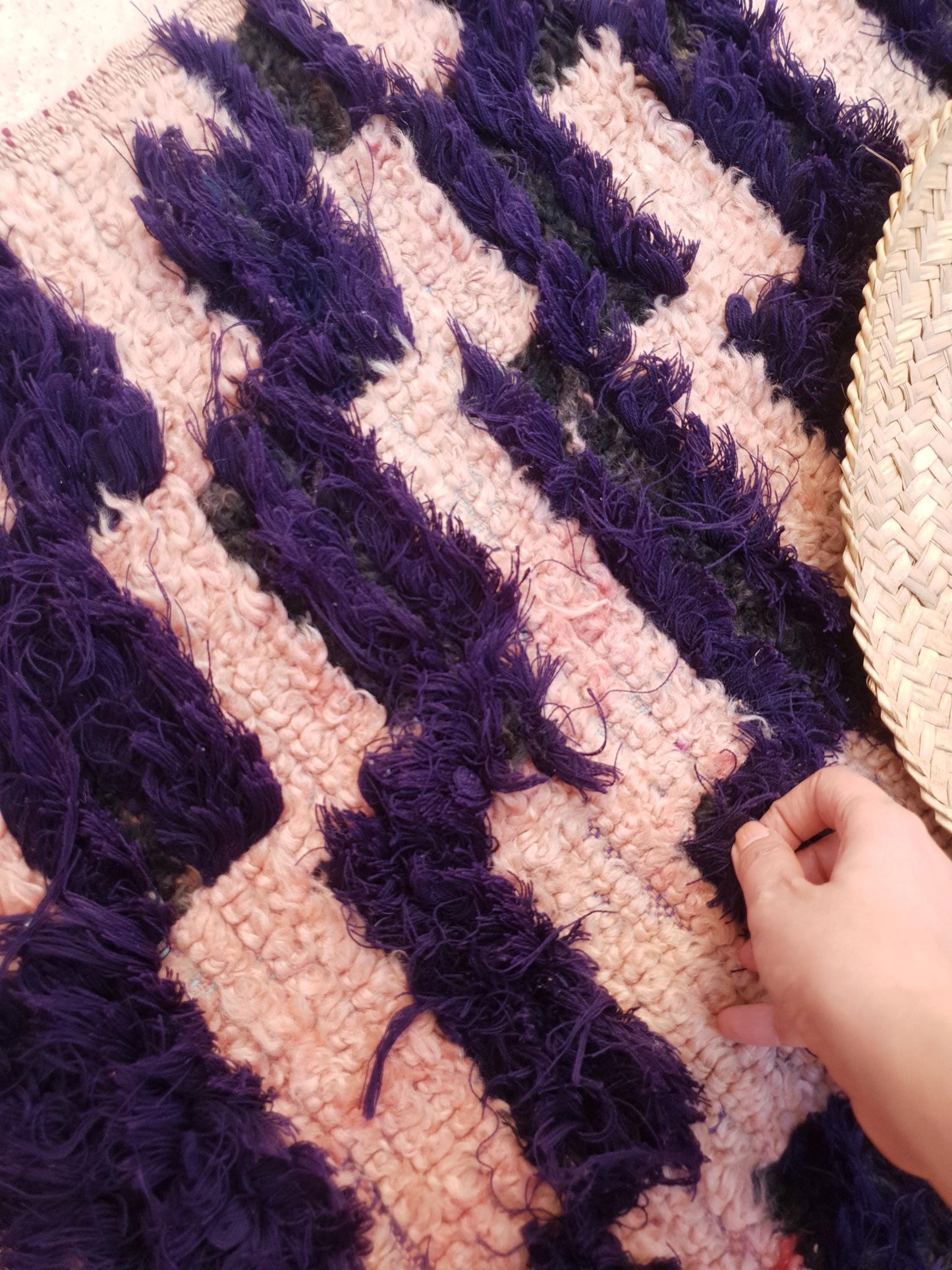 Vintage Moroccan Rug, Unique Checkered Blush powder Pink and Purple Boujaad Rug boucherouite rug, Unique accent rug