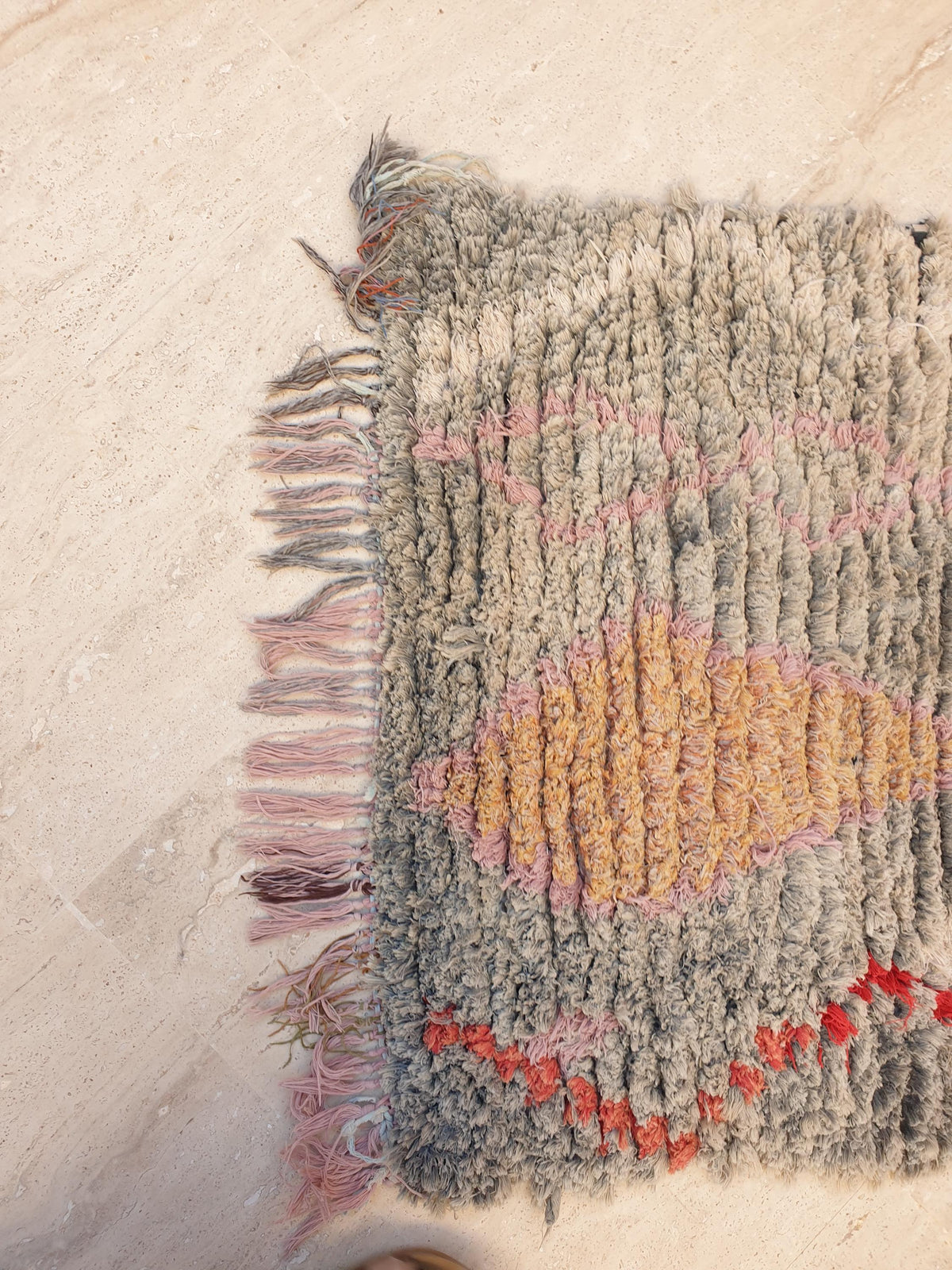 Unique Vintage Moroccan Accent Rug Soft Grey Blush with Tangerine Abstract Motif 2.5x4.6 ft