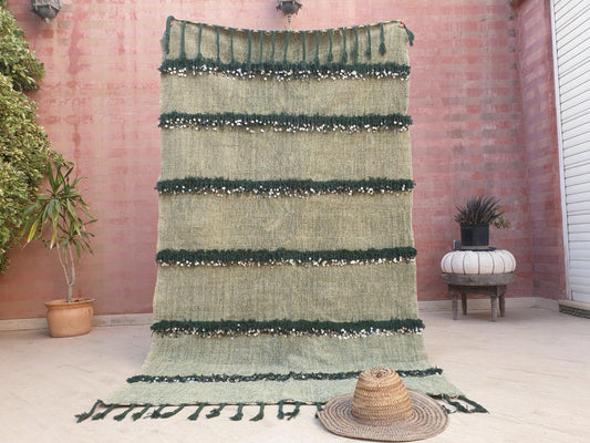 Olive Green Berber Wedding Blanket, Moroccan Sequin Handira Throw (4.4x7.6 ft)