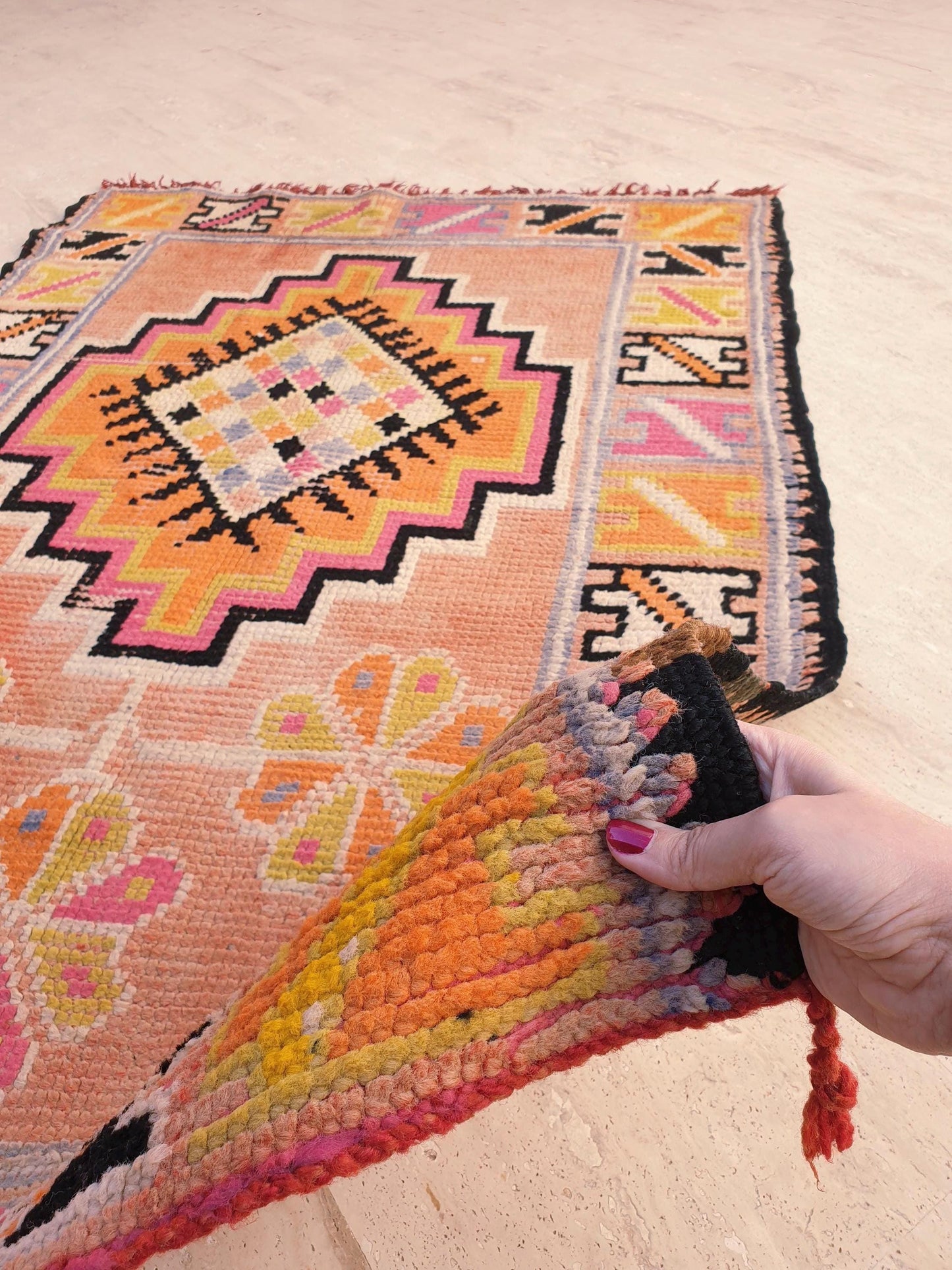 Vintage Moroccan Rug, Squarish Boujaad in Peach and Sunset Tones, 3.5x5 ft