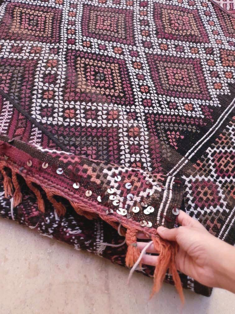 Vintage Moroccan Rug 6.3x11.8 Stunning kilim rug, Large area rug Vintage sequins berber rug Bedroom Rug, Warm Red Orang