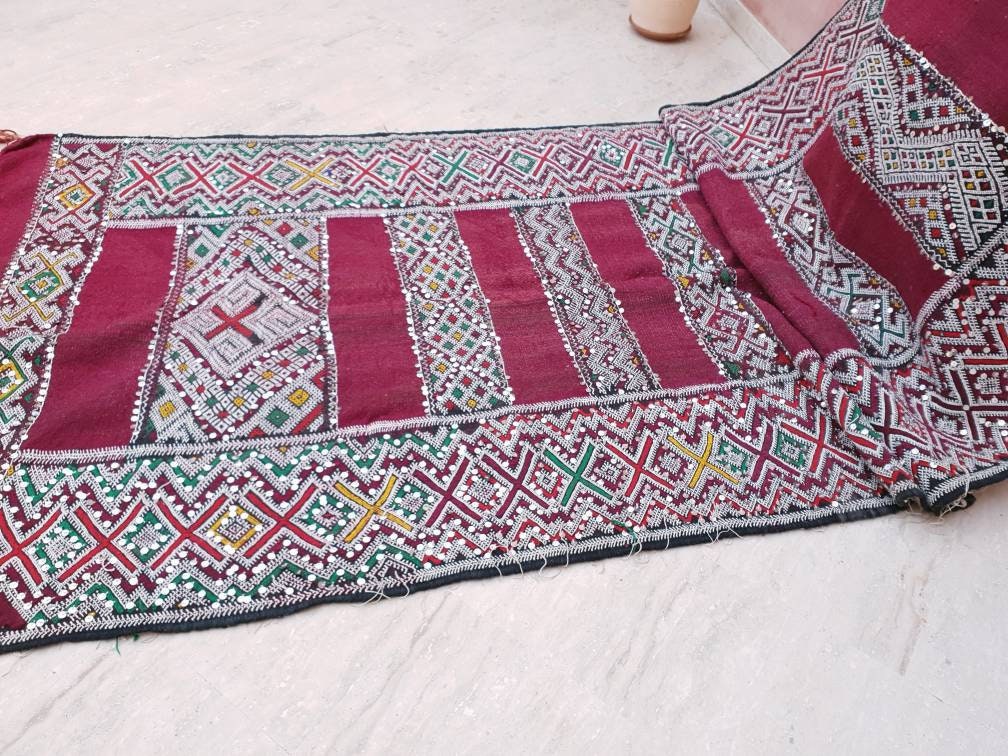 Vintage Sequined Berber Rug | 4x10 ft Maroon Moroccan Kilim Runner