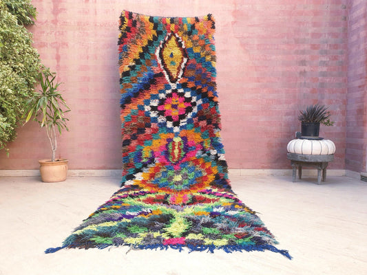 Vintage Abstract Boucherouite Runner Rug 3.6X11 Colorful Moroccan Shag rug, vintage tribal rug, bright berber rug
