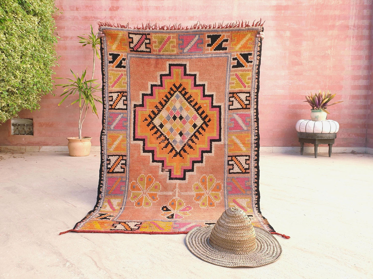 Vintage Moroccan Rug, Squarish Boujaad in Peach and Sunset Tones, 3.5x5 ft