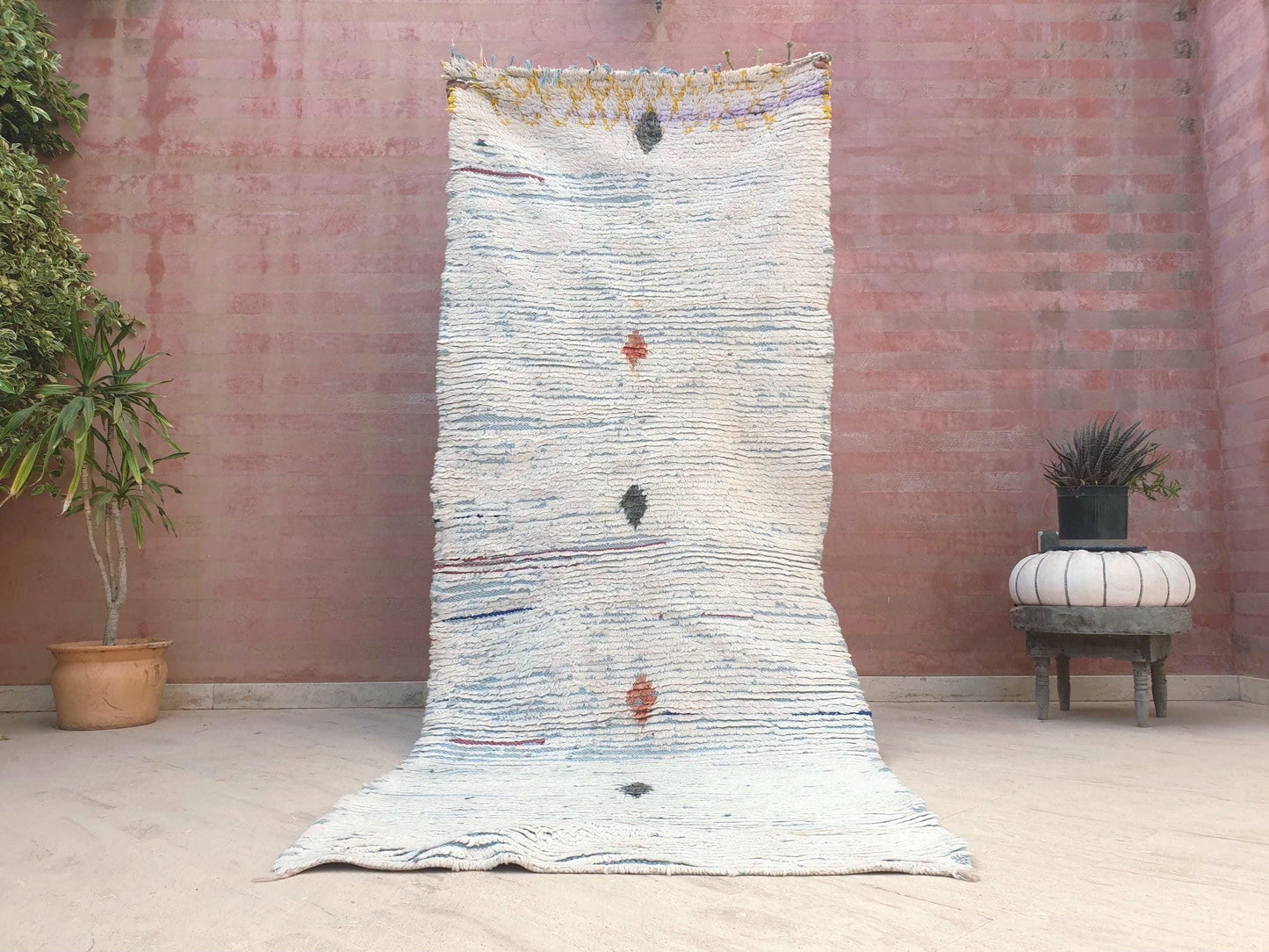 Stunning Moroccan Runner Rug 3.5x9  Ivory Cream, Sky Blue White boucherouite wool rug