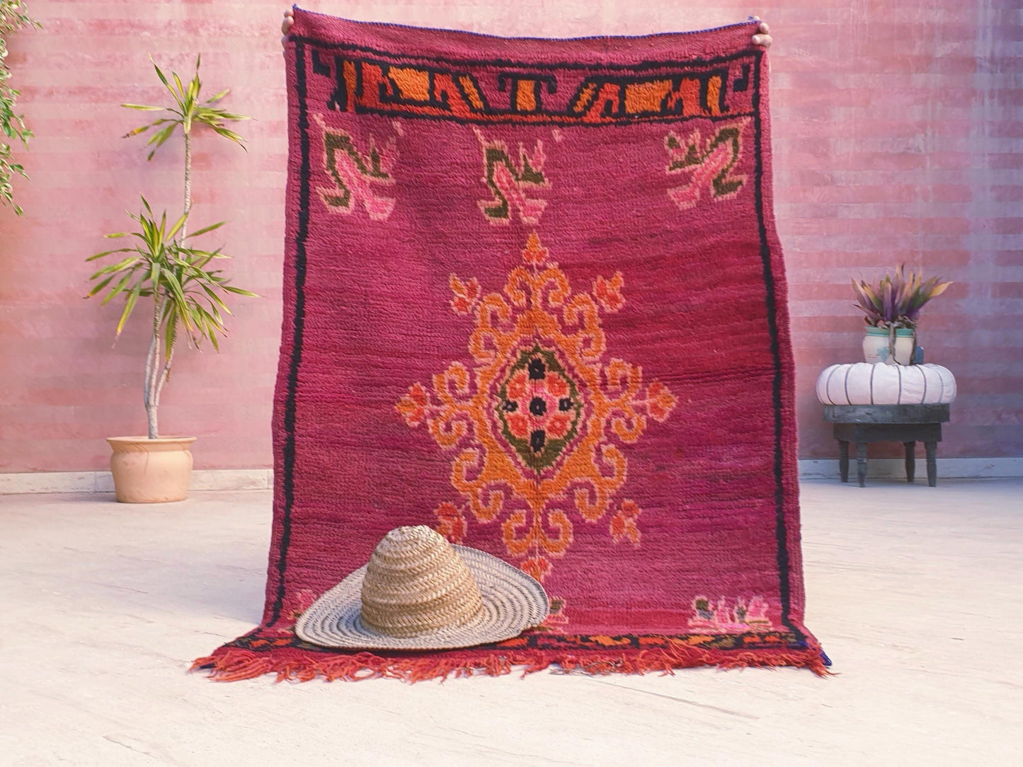 Vintage Rose Red Moroccan Rug, Small Boujaad Wool Rug (3.3x4.9 ft)
