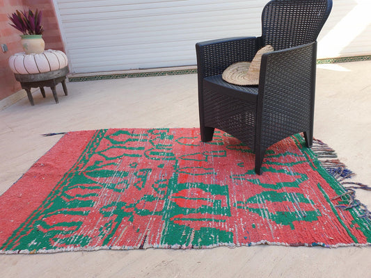 Gorgeous  Vintage Moroccan Rug 4x5.8 Coral Green Abstract Boujaad Rug