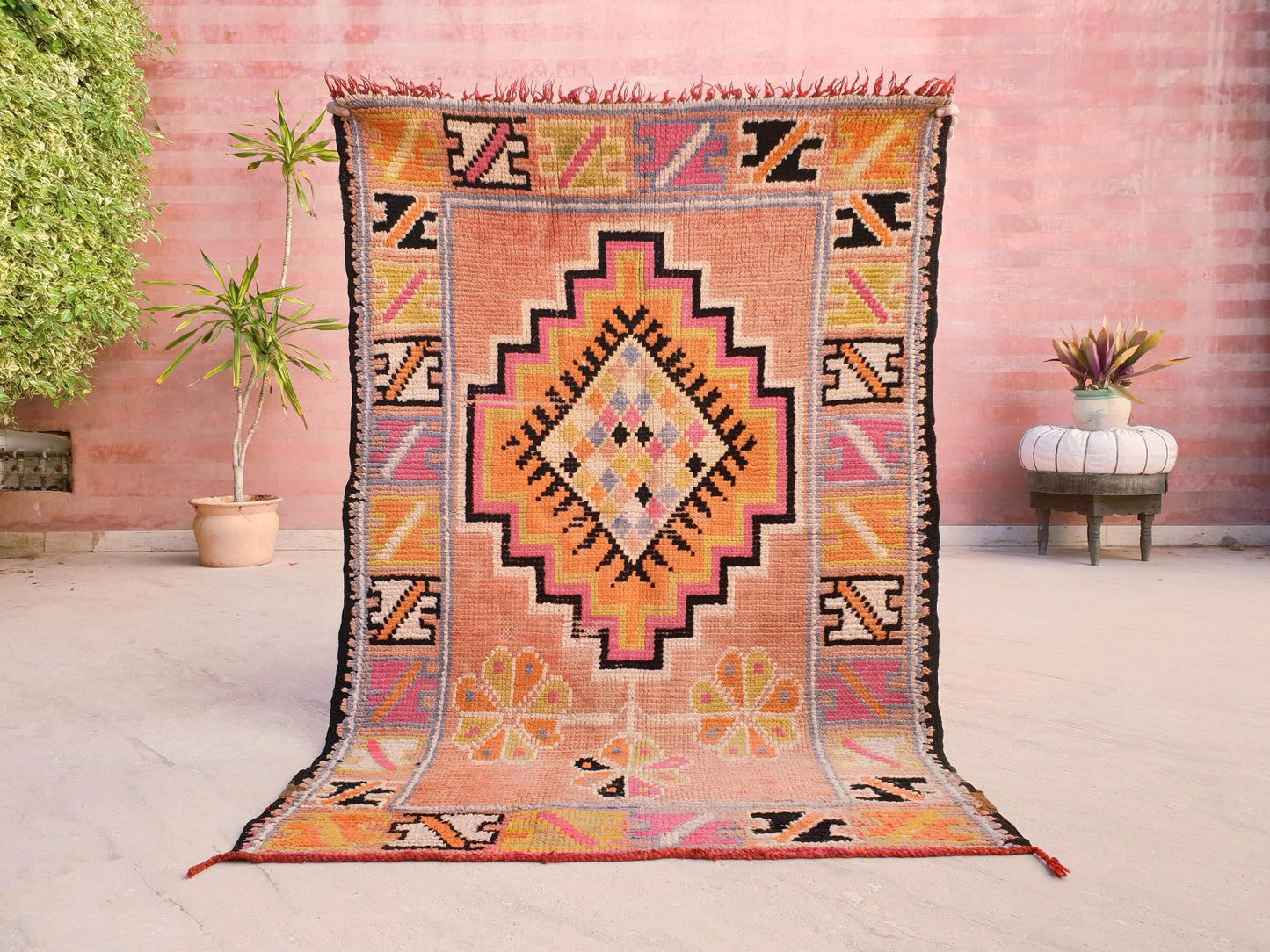 Vintage Moroccan Rug, Squarish Boujaad in Peach and Sunset Tones, 3.5x5 ft