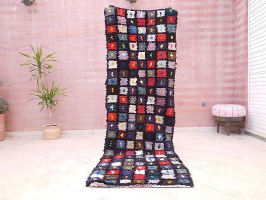 Vintage Moroccan Rug 3x9.2 Colorful Boucherouite Runner Rug, Super Pretty berber rug, artistic vintage rug, Happy Rug, Black hallway rug