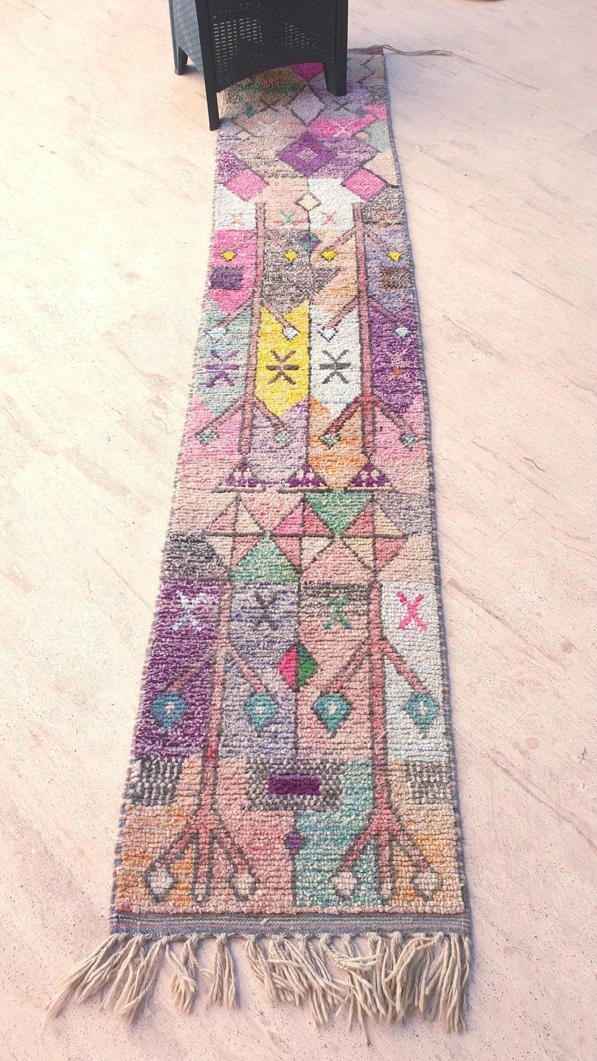 Pastel Tribal Moroccan Runner Rug – 2x10.5 Berber hallway rug, soft pinks & mustard tones, Vintage handmade Boujaad runner, boho eclectic
