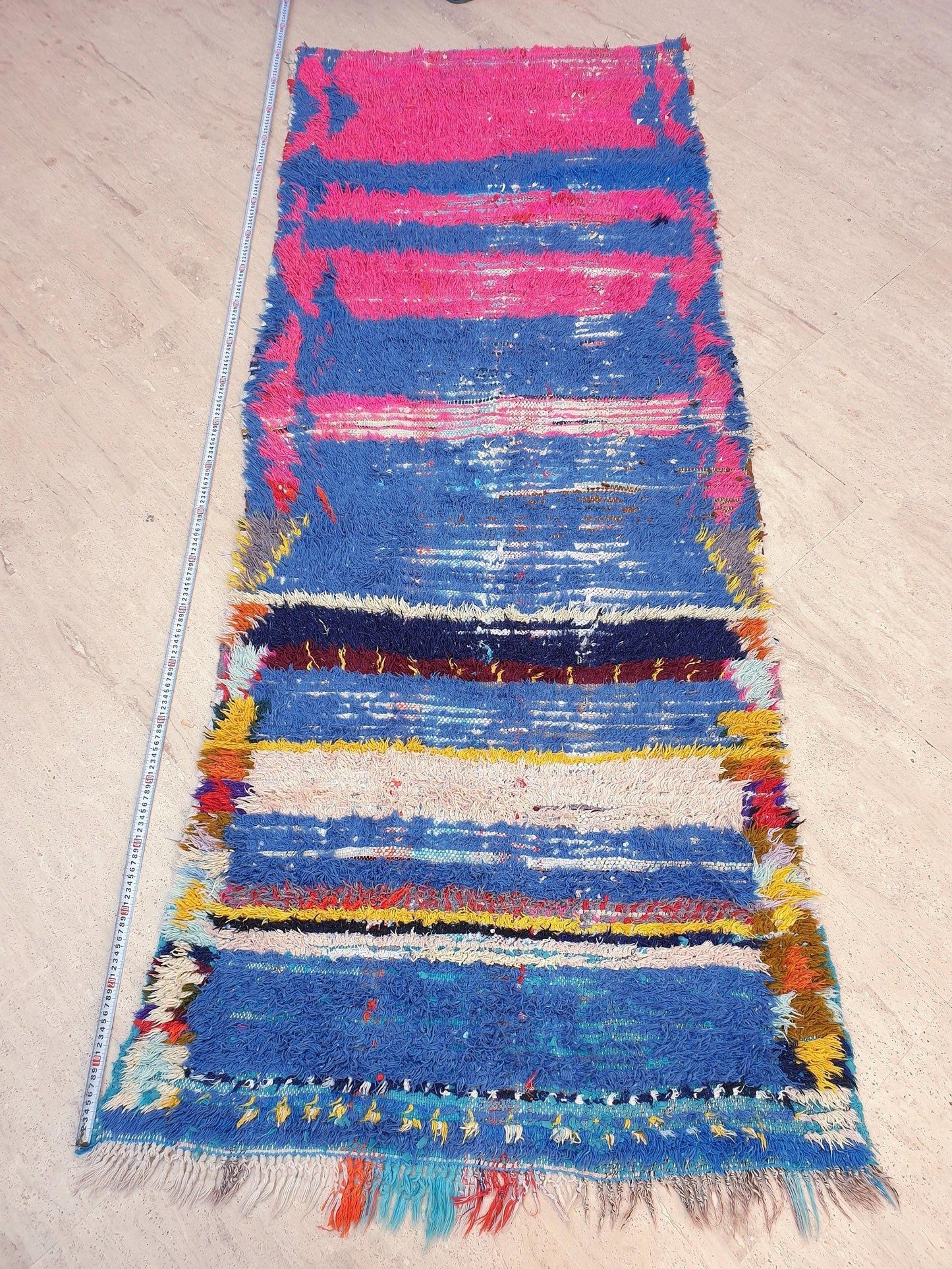 Vintage Moroccan Rug 3.2x7.8 Gorgeous Blue Pink Rug Boujaad Rug, fushia turquoise artistic Rug, boho boujaad rug