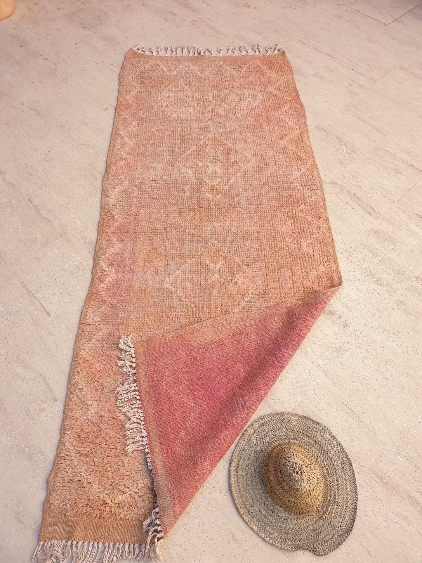 Vintage Faded Peach Beni M’Guild Runner, Subtle Tattoo Pattern, 3.4 x 8.2 ft