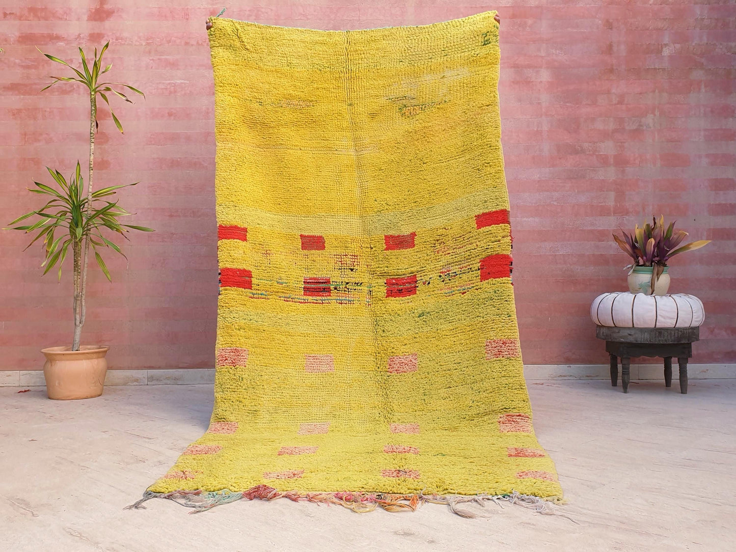 Vintage Moroccan Boujaad Rug KISS of Klimt, Yellow Wool with Red Accents, 4.2x8.6 ft