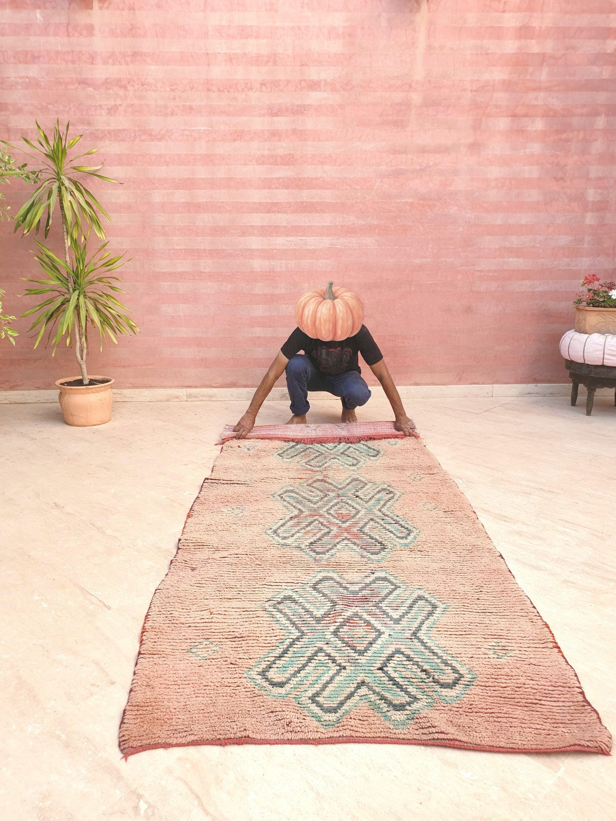 Vintage Blush Boujaad Rug 3.7x8.3 Berber Hallway Rug, Artistic Symbols Rug