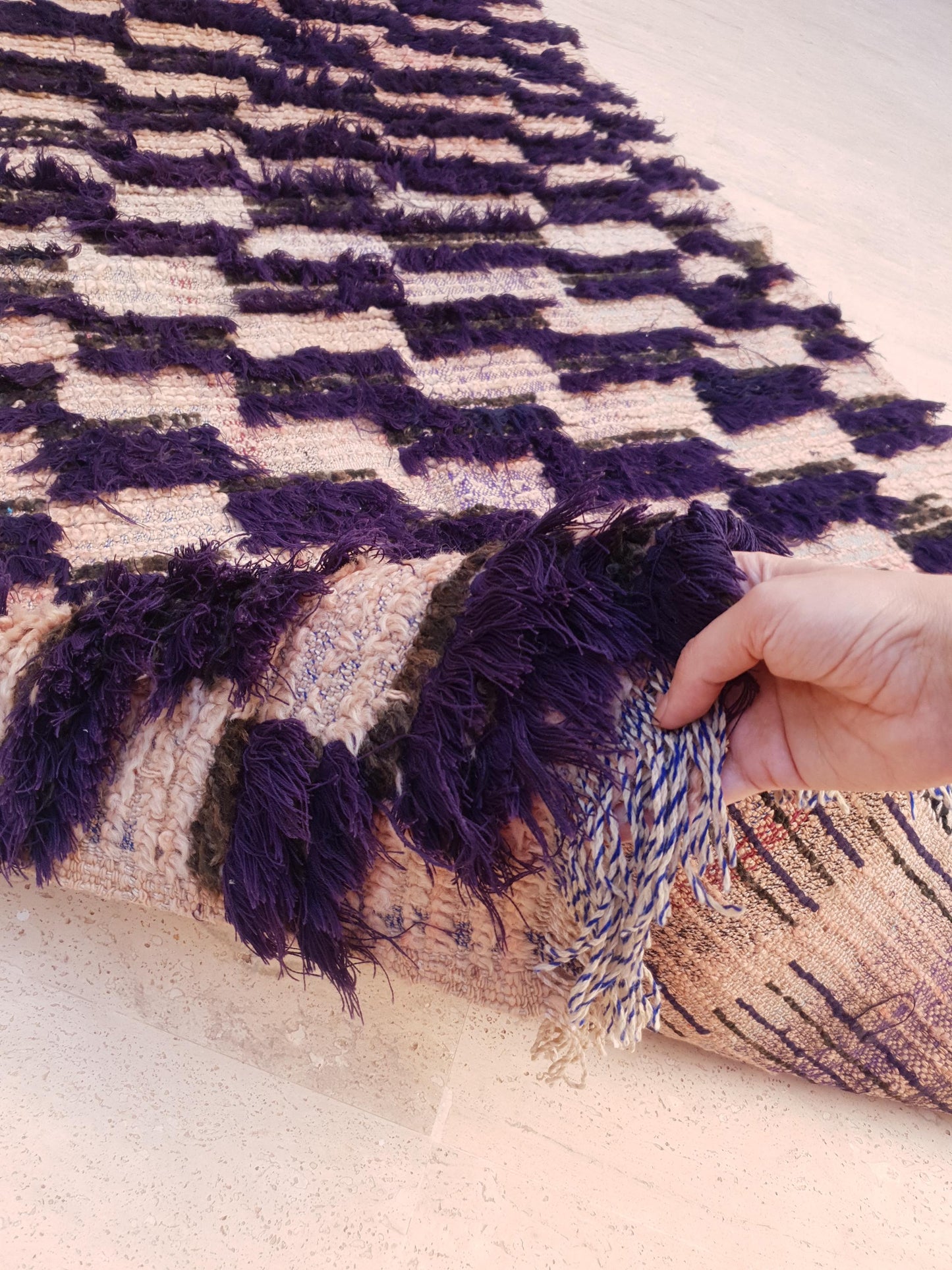 Vintage Moroccan Rug, Unique Checkered Blush powder Pink and Purple Boujaad Rug boucherouite rug, Unique accent rug