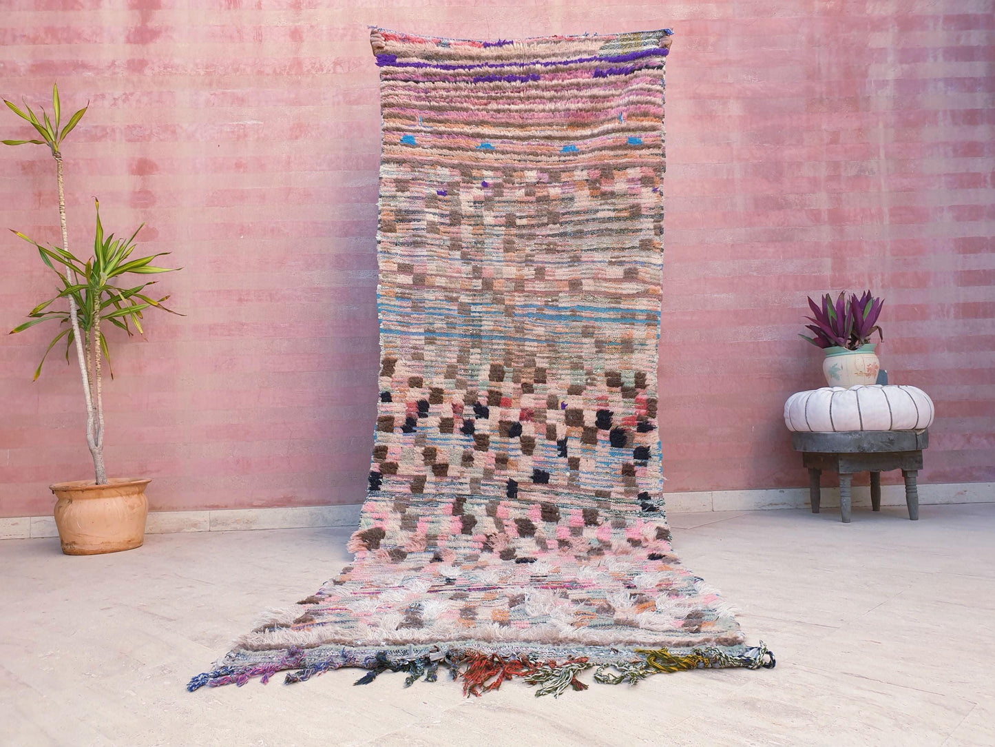 Vintage Moroccan rug 3.3x10 Gorgeous Blush earth tones Checkered rug | Pinl Brown Boujaad rug, boujad statement piece