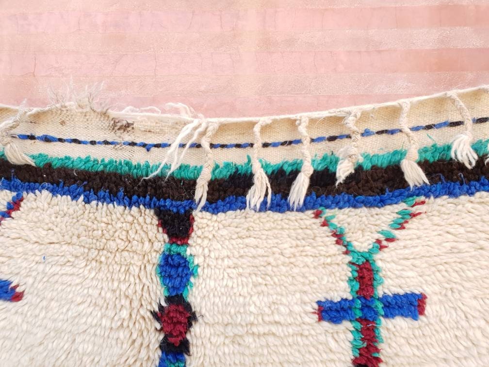 Vintage Beni Ourain Rug, 5x10 Moroccan Berber Rug, Teal & Red Accent