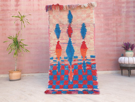 colorful vintage Moroccan rug 3.1x6.5 Gorgeous Unique  Boujaad rug, Blue Pink checkered rug