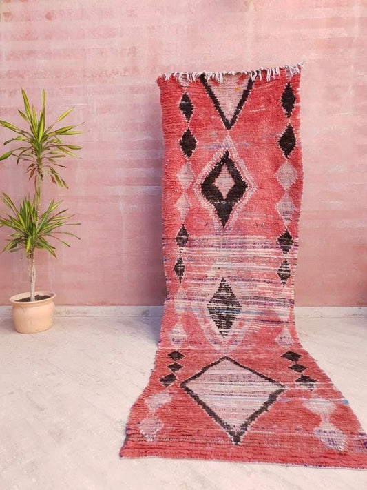 Vintage Moroccan Runner Rug 3.1x10  Blush pink Boujaad runner Rug, Coral Hallway Rug, Berber Runner Abstract wool rug