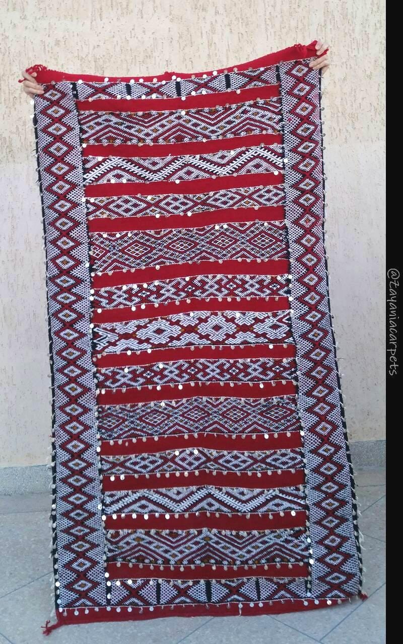 Vintage Sequined Berber Rug, Red Moroccan Rug 3x5.7