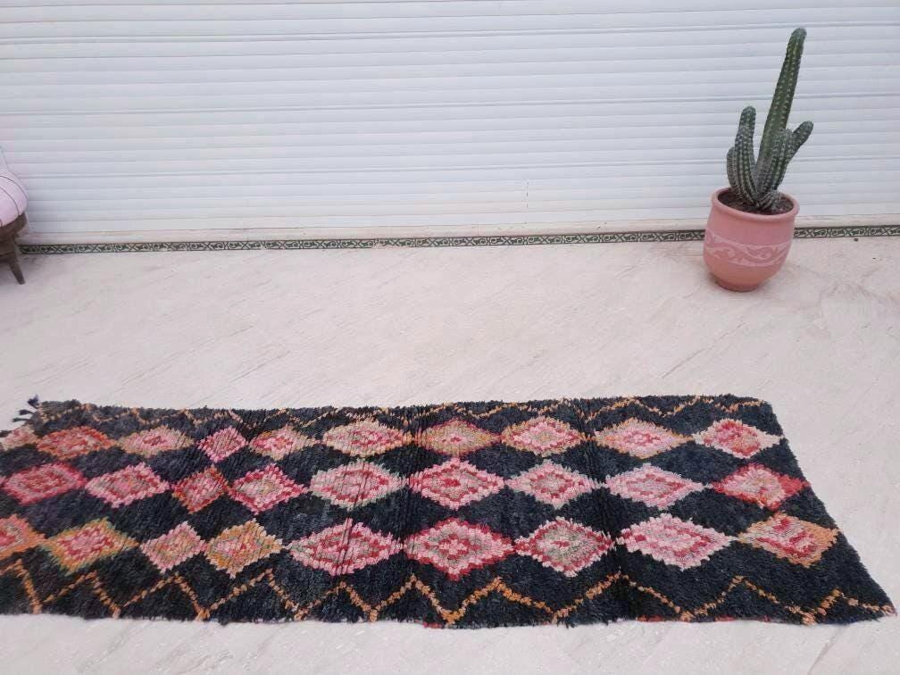 Vintage Moroccan Rug 3x9 Black Rug, Retro runner Rug, Unique Hallway Rug, boujaad accent rug boucherouite rug