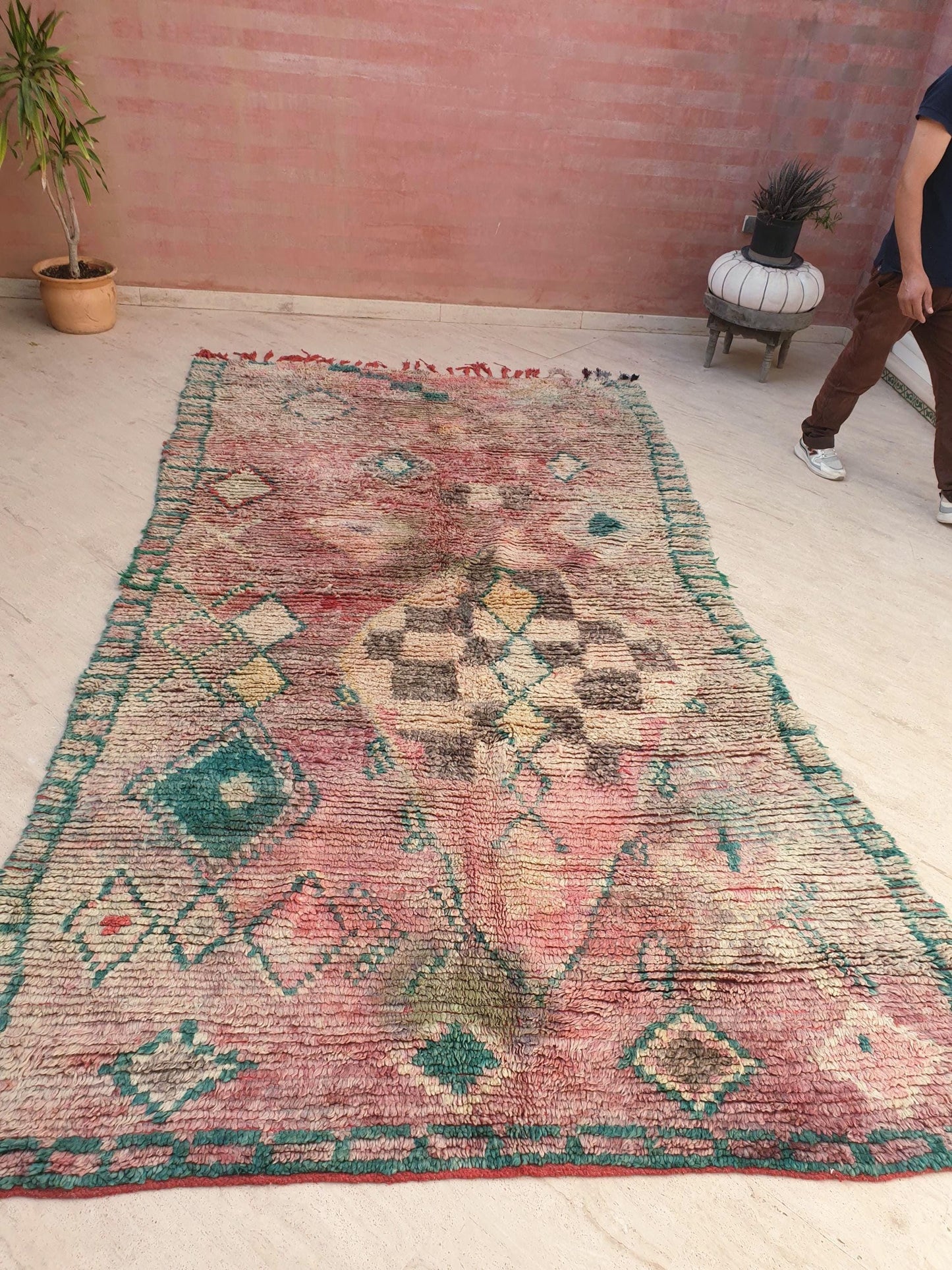 Vintage Boujaad Moroccan Rug, Earthy Blush Pink and Teal, 6.2x11.2