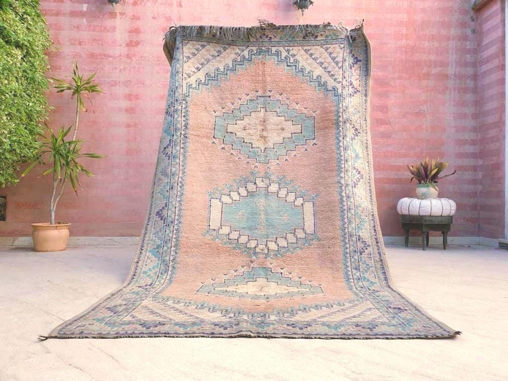 Vintage Moroccan rug 5x8.5 Precious Blush teal lavender Rug, Peach boujaad rug, Unique Taznakht rug