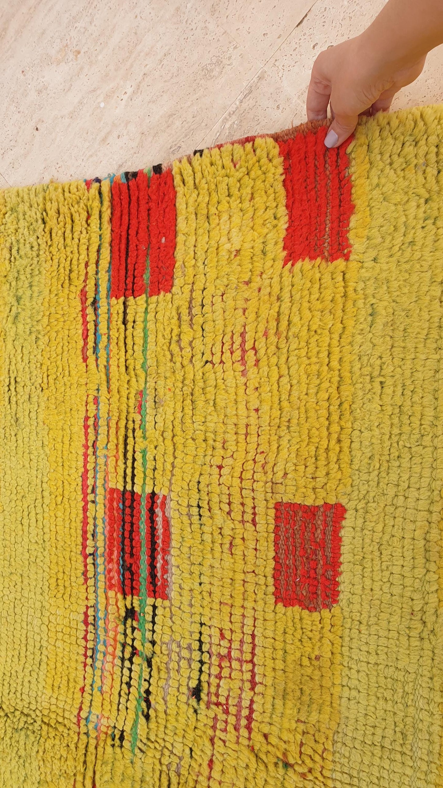 Vintage Moroccan Boujaad Rug KISS of Klimt, Yellow Wool with Red Accents, 4.2x8.6 ft