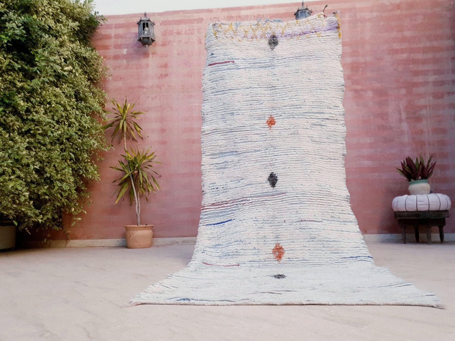 Stunning Moroccan Runner Rug 3.5x9  Ivory Cream, Sky Blue White boucherouite wool rug