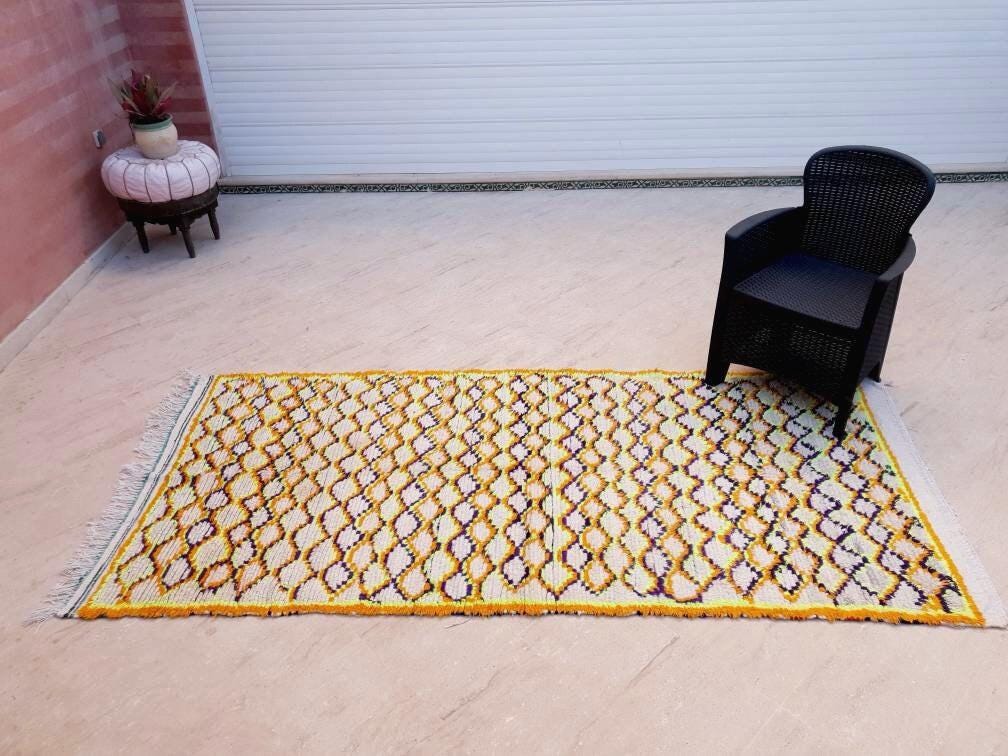 Vintage Moroccan Azilal Rug, Yellow Purple Orange, 4x8.6 ft