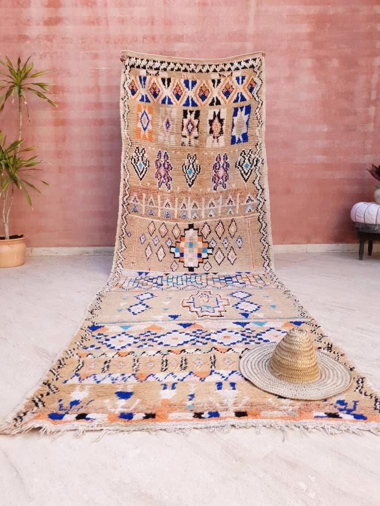 Gorgeous Vintage Moroccan Rug 4.1x12.2 marvelous pastels beige rug Boujaad rug large berber rug