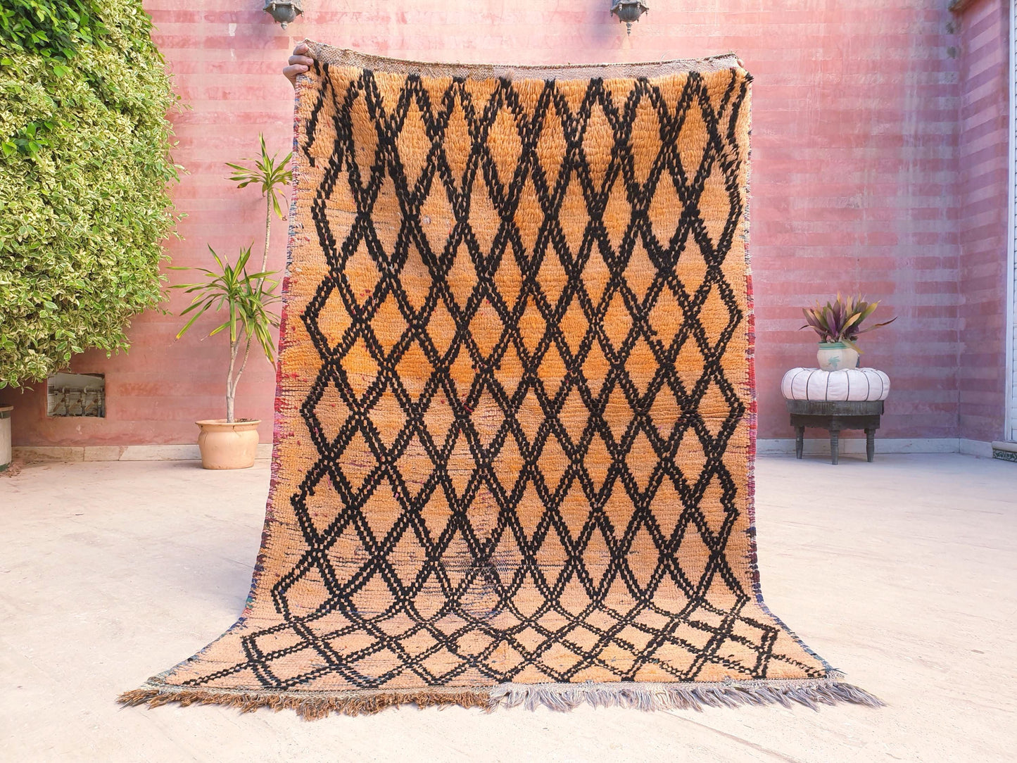 Vintage Moroccan Boujaad Rug Amber Orange with Black Diamond Pattern •  3.6 x 5.6 ft •