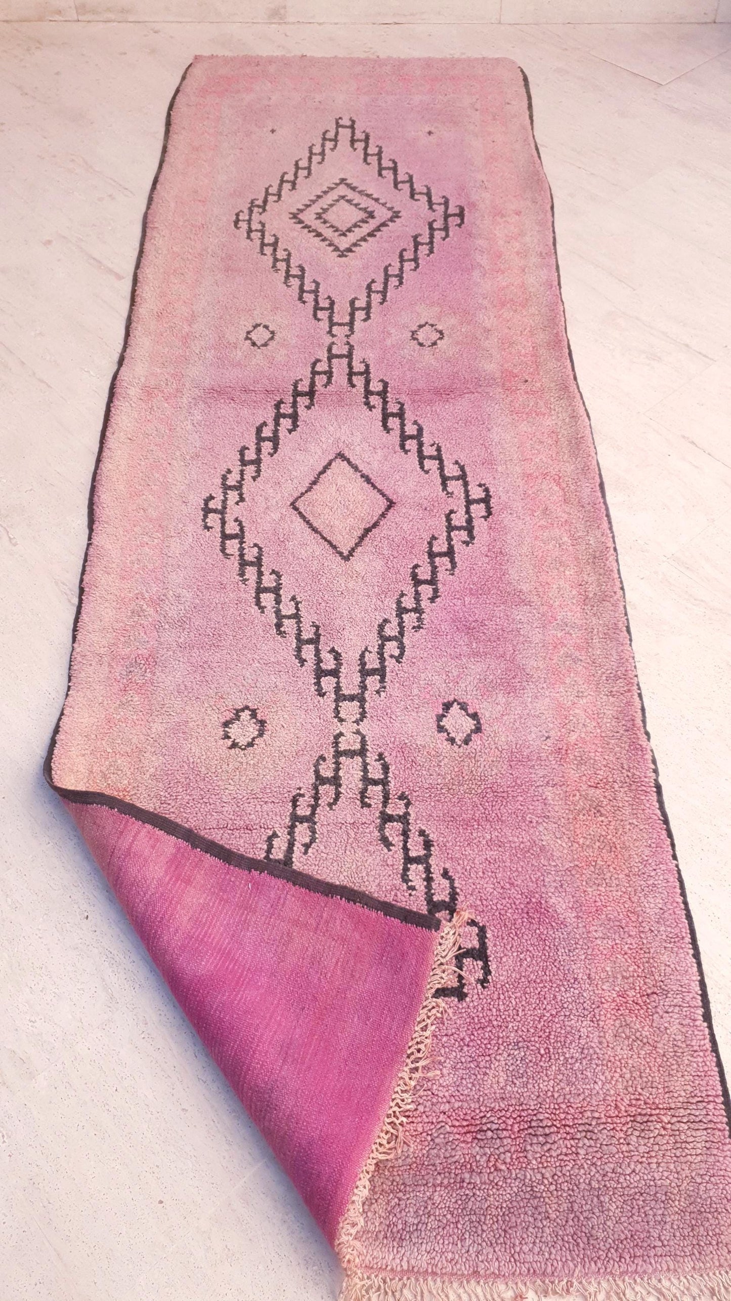 Vintage Moroccan Runner 3.4x10.7 ft • Blush Pink Boujaad Rug with Diamond Symbols • One-of-a-Kind Tribal Berber rug • pastels rug
