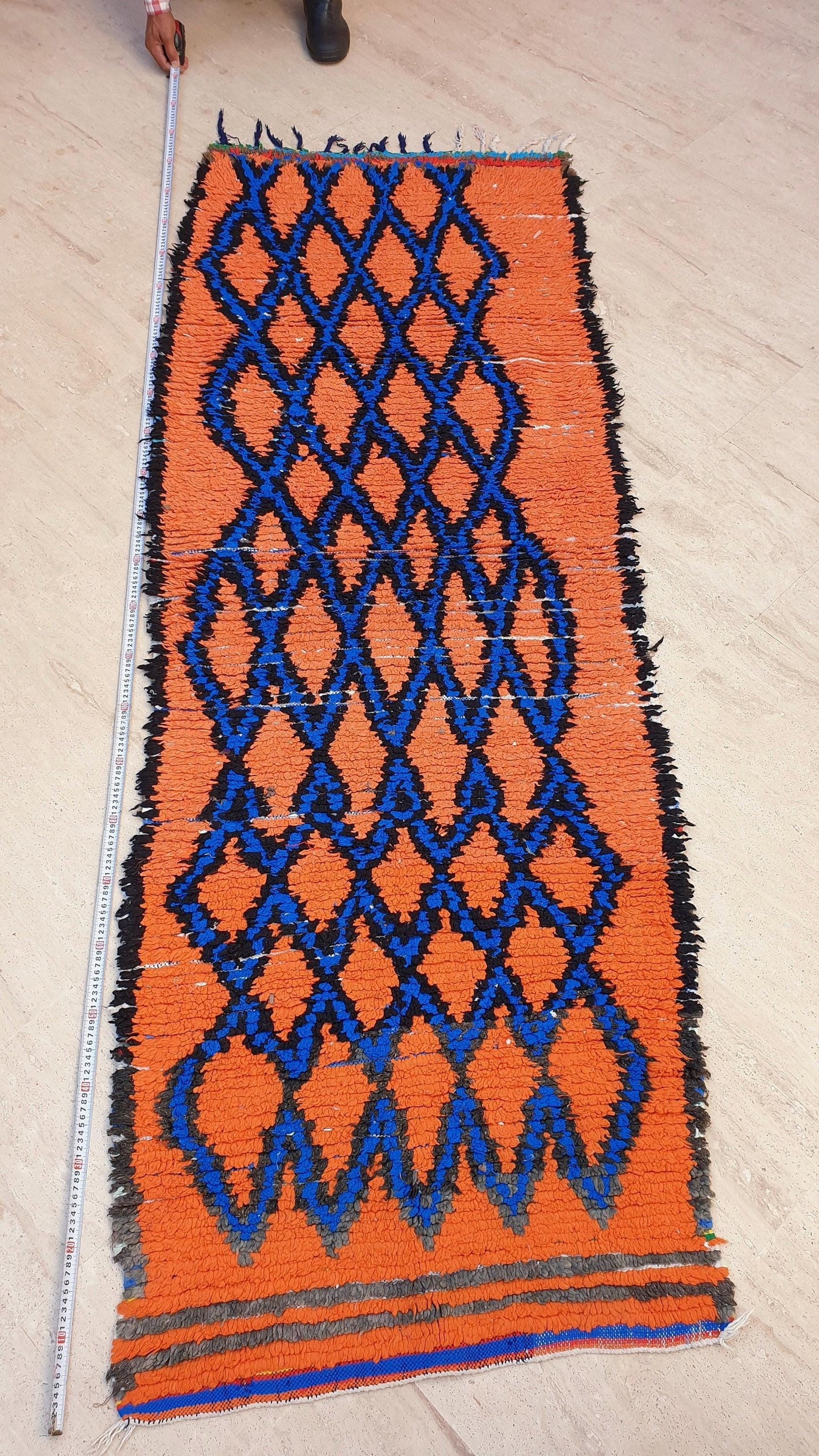 Stunning Moroccan Runner Rug 2.8x6.5 Super Pretty Boujaad rug, Artistic Blue Papaya Orange Geometric Hallway rug