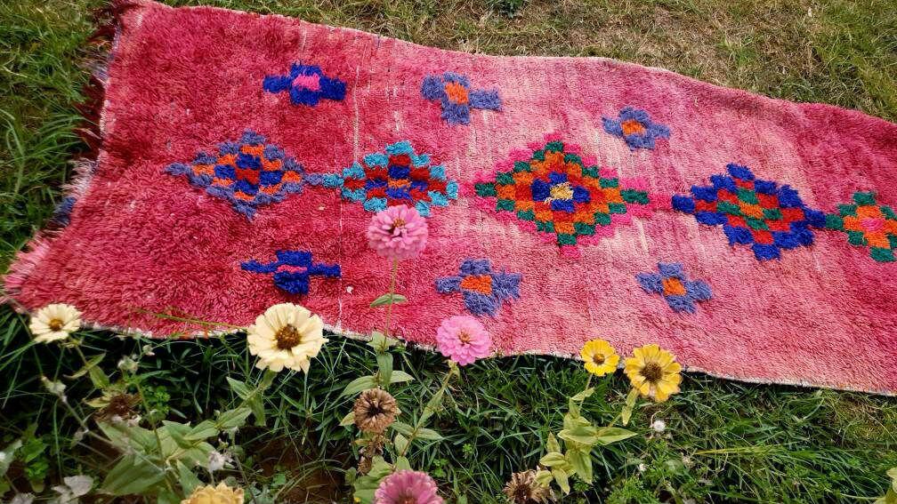 Vintage Moroccan rug 3.5x8.5 | incredible blush Boujaad rug | morrocan Boujad rug | antique area rug | Entry hallway rug