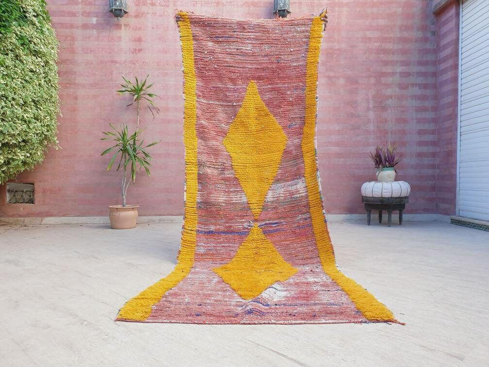 Vintage Moroccan rug 3.3x8.9 Blush Peach Yellow Boujaad rug incredible  black Yellow Tribal Rug Unique boujad Rug living room rug