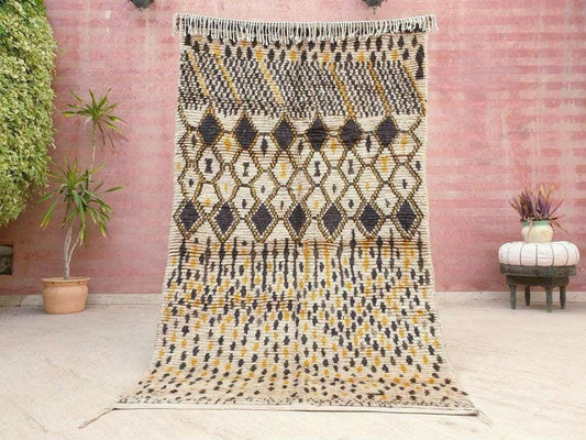 Vintage Moroccan Rug 4x7 Stunning  Azilal Rug Mustard Brown Cream Berber Rug | Unique Tribal rug | wool bedroom rug