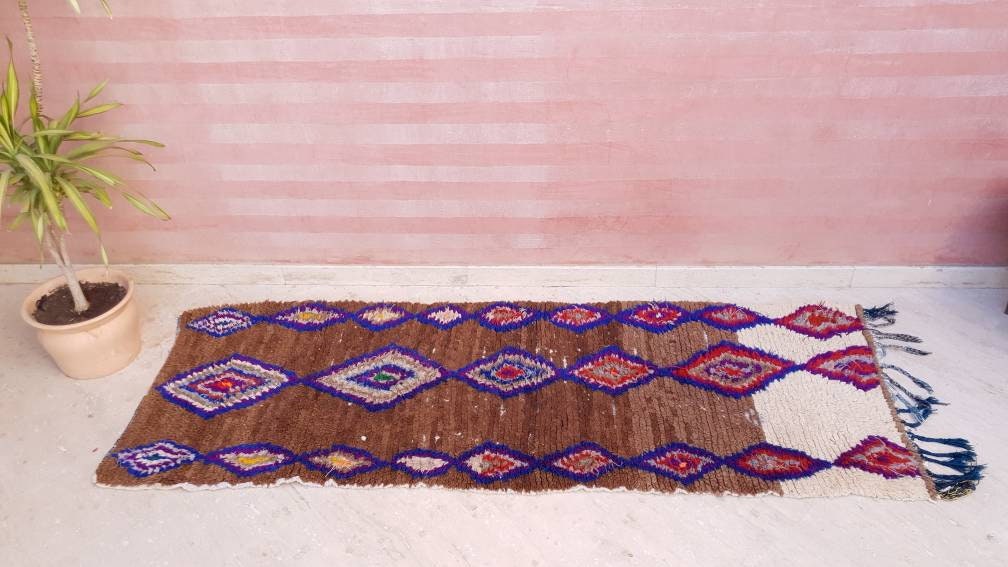 Gorgeous Vintage Moroccan runner rug 2.8x7.7 Unique offwhite brown hallway rug, brown cream boujaad rug, Azilal rug