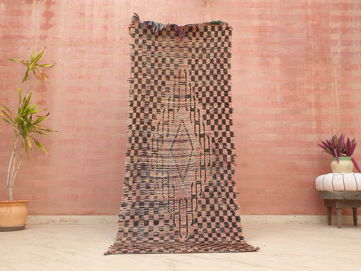 Vintage Moroccan rug 2.9x7.6 Gorgeous Blush Brown Peach Pink Checkered rug | Boujaad hallway rug boujad rug