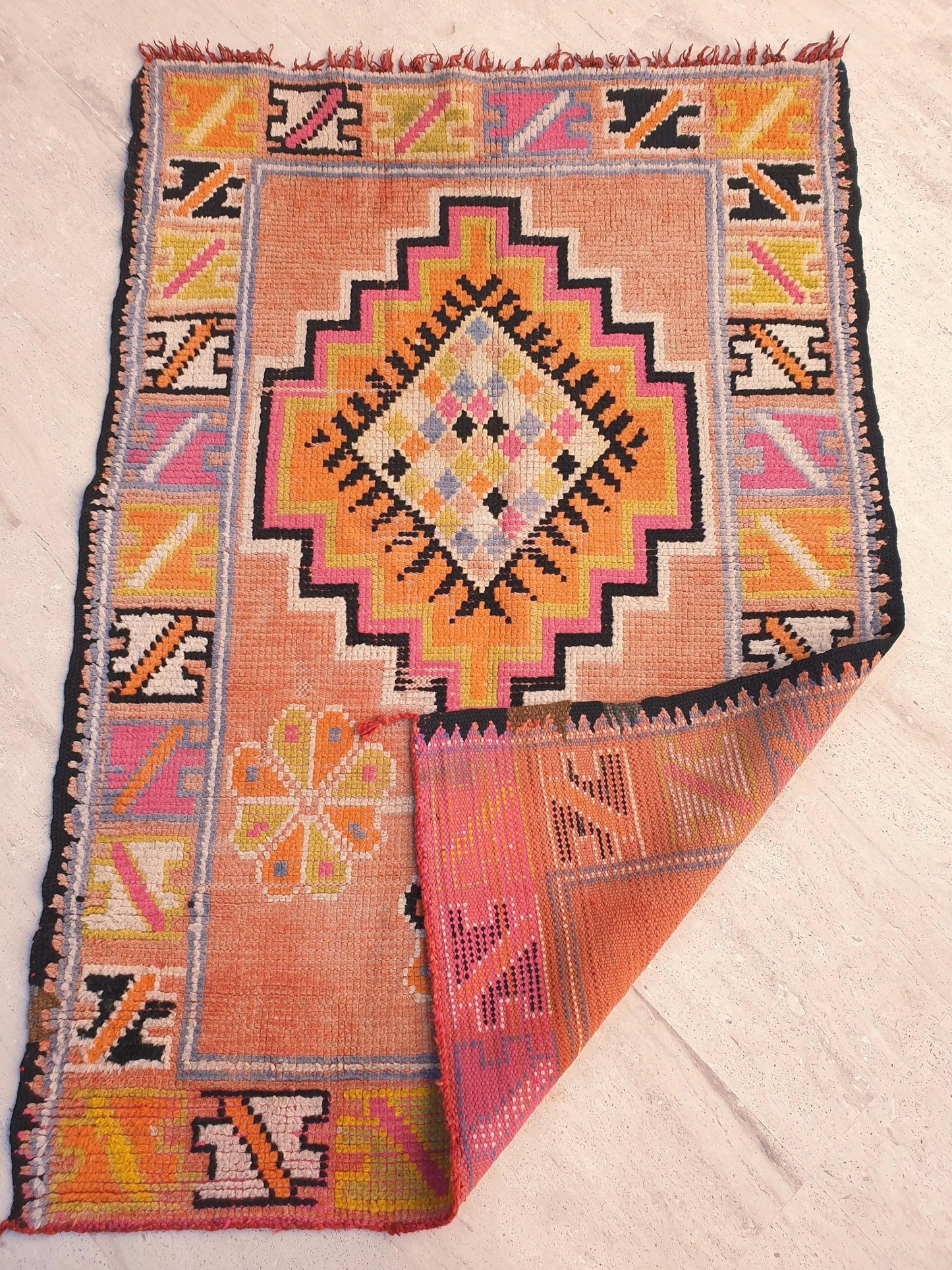 Vintage Moroccan Rug, Squarish Boujaad in Peach and Sunset Tones, 3.5x5 ft