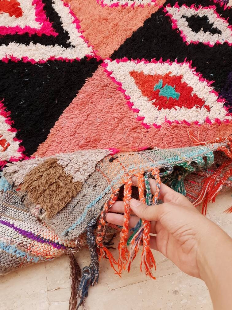 Vintage Berber Runner Rug, Black Pink Boujaad Moroccan Rug (3.6x7.8 ft)
