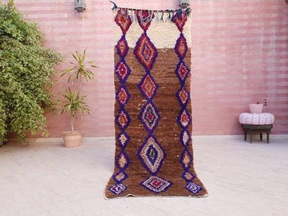 Gorgeous Vintage Moroccan runner rug 2.8x7.7 Unique offwhite brown hallway rug, brown cream boujaad rug, Azilal rug
