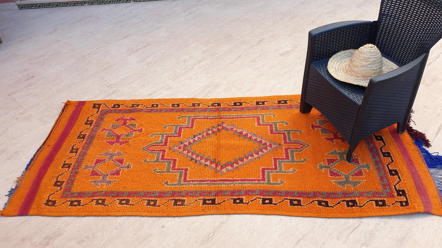 Vintage Orange Berber Rug: Handwoven Moroccan Hallway Rug (3.5x8.3 ft)