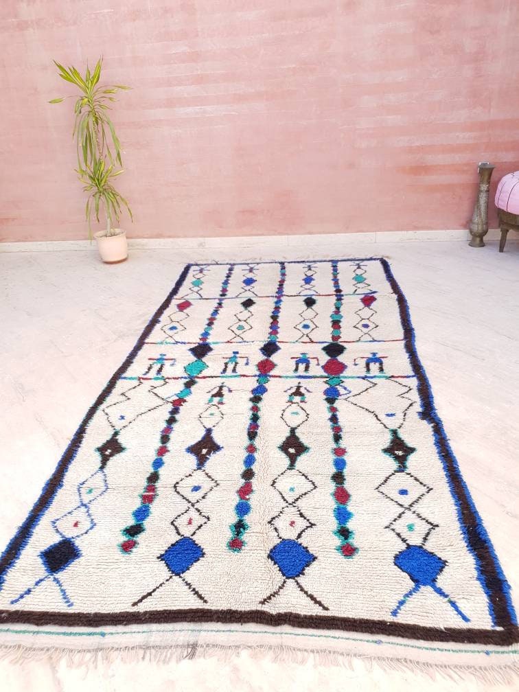 Vintage Beni Ourain Rug, 5x10 Moroccan Berber Rug, Teal & Red Accent