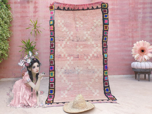 Vintage Moroccan Rug 3.8x7.2 Gorgeous Blush Pink rug Unique Boujaad rug, Moroccan rug blush bedroom rug pastel pink rug