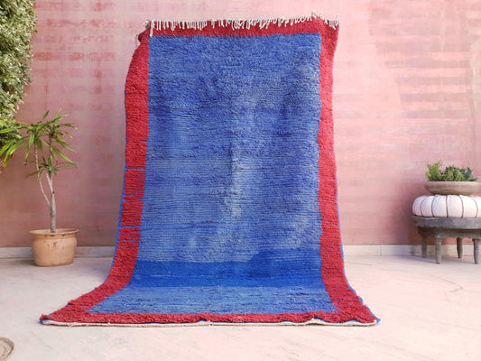 Vintage Moroccan Rug 4.8x8 | Minimal Blue Red Boujaad Rug | Modern Tribal Rug | One-of-a-Kind Berber Carpet