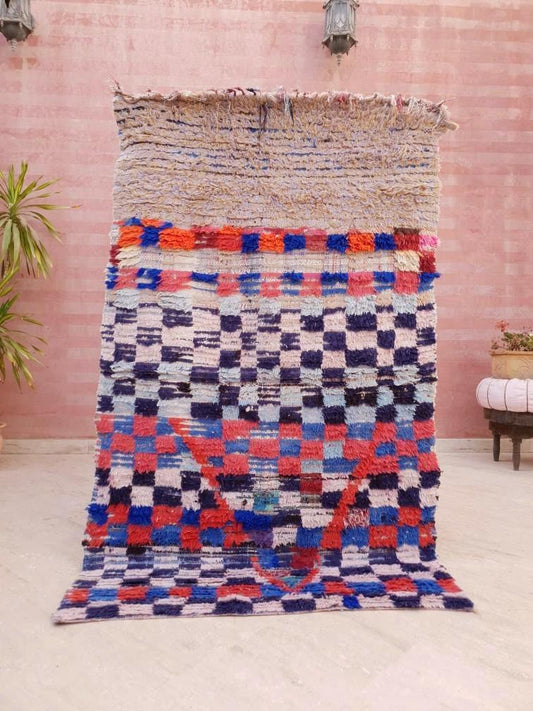Vintage Moroccan rug 3.5x5.9 Unique Boujaad Rug Boucherouite Checkered Rug Collector Morrocan rug, blush beige rug