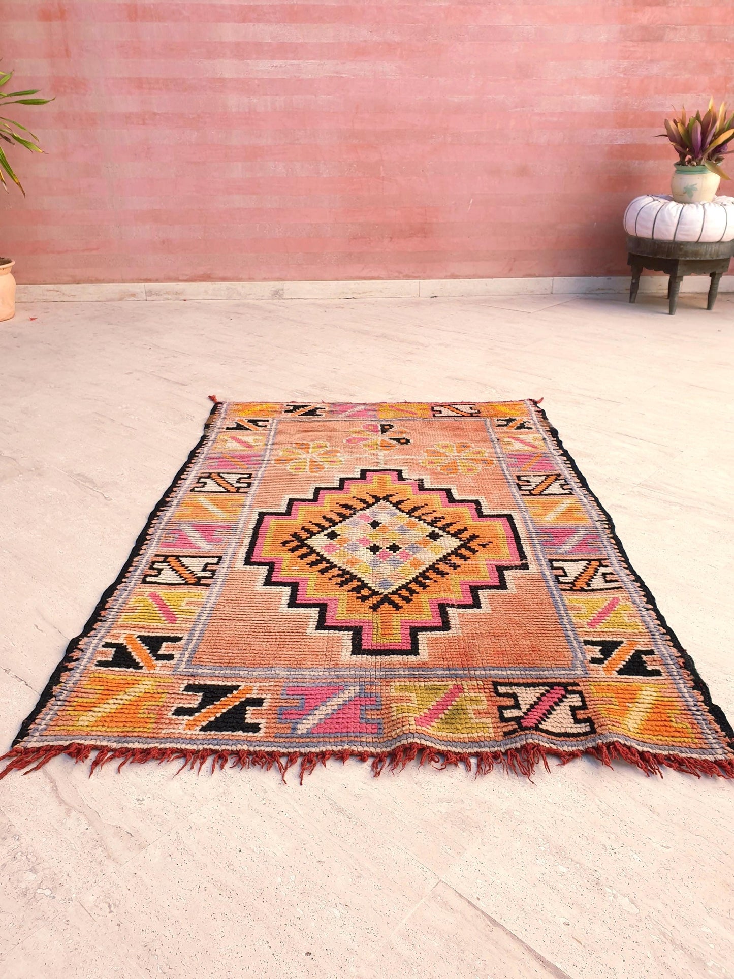 Vintage Moroccan Rug, Squarish Boujaad in Peach and Sunset Tones, 3.5x5 ft