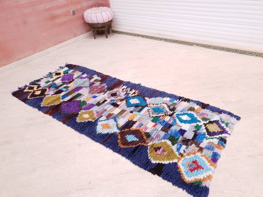 Vintage Morocan rug 3.3x8.5 Stunning Artistic runner rug "Starry Night" living room rug, blue hallway rug bedroom rug